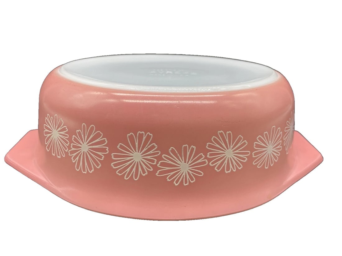 Vintage Pyrex Pink Daisy Oval 2 1/2 QT. # 045 Casserole Dish - 2