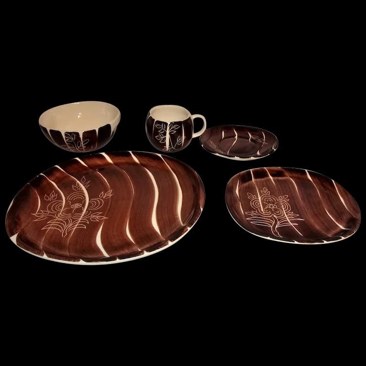 Vintage Six 5 Piece Sets of MCM Purinton Brown Intaglio Slip Ware