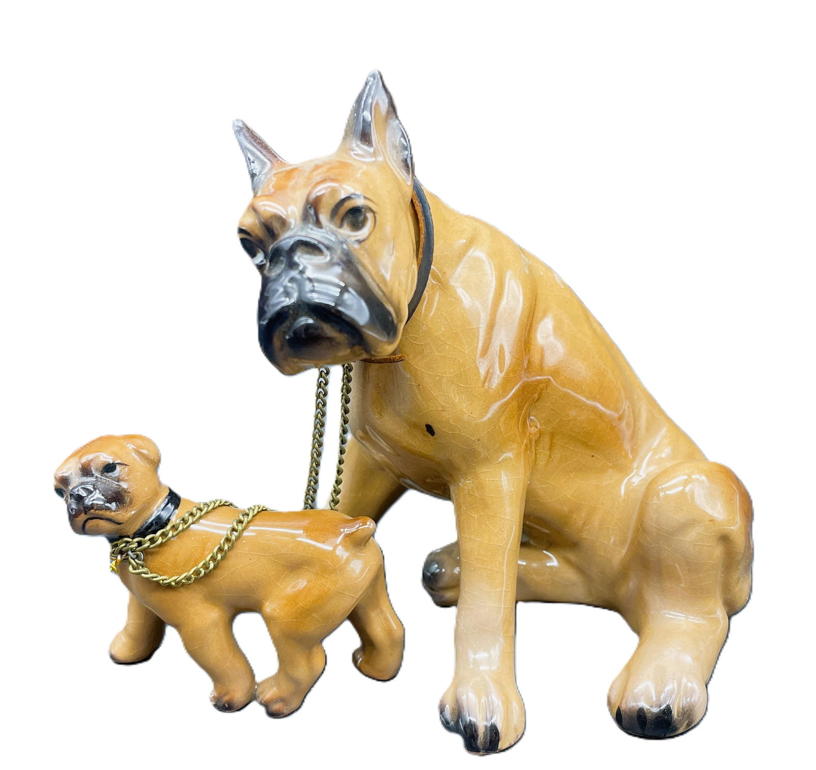 LG Boxer Dog and Pup on Leash Figurine Japan