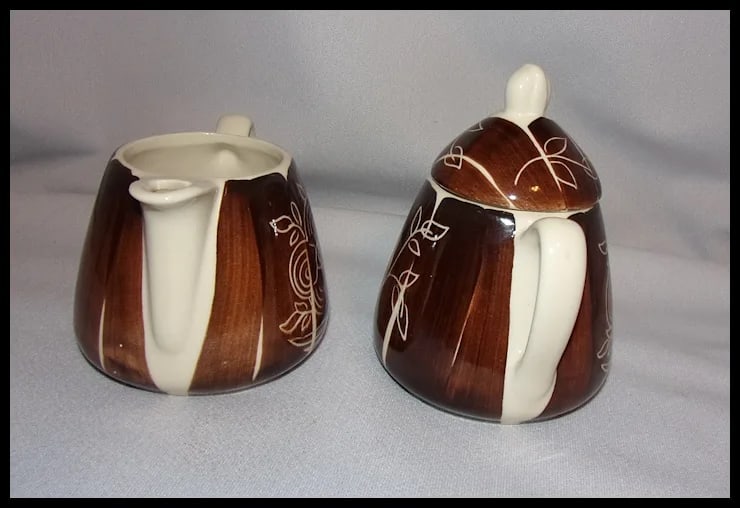 3 Piece Set of Purinton Intaglio Brown Pottery- Sugar and Creamer - 3