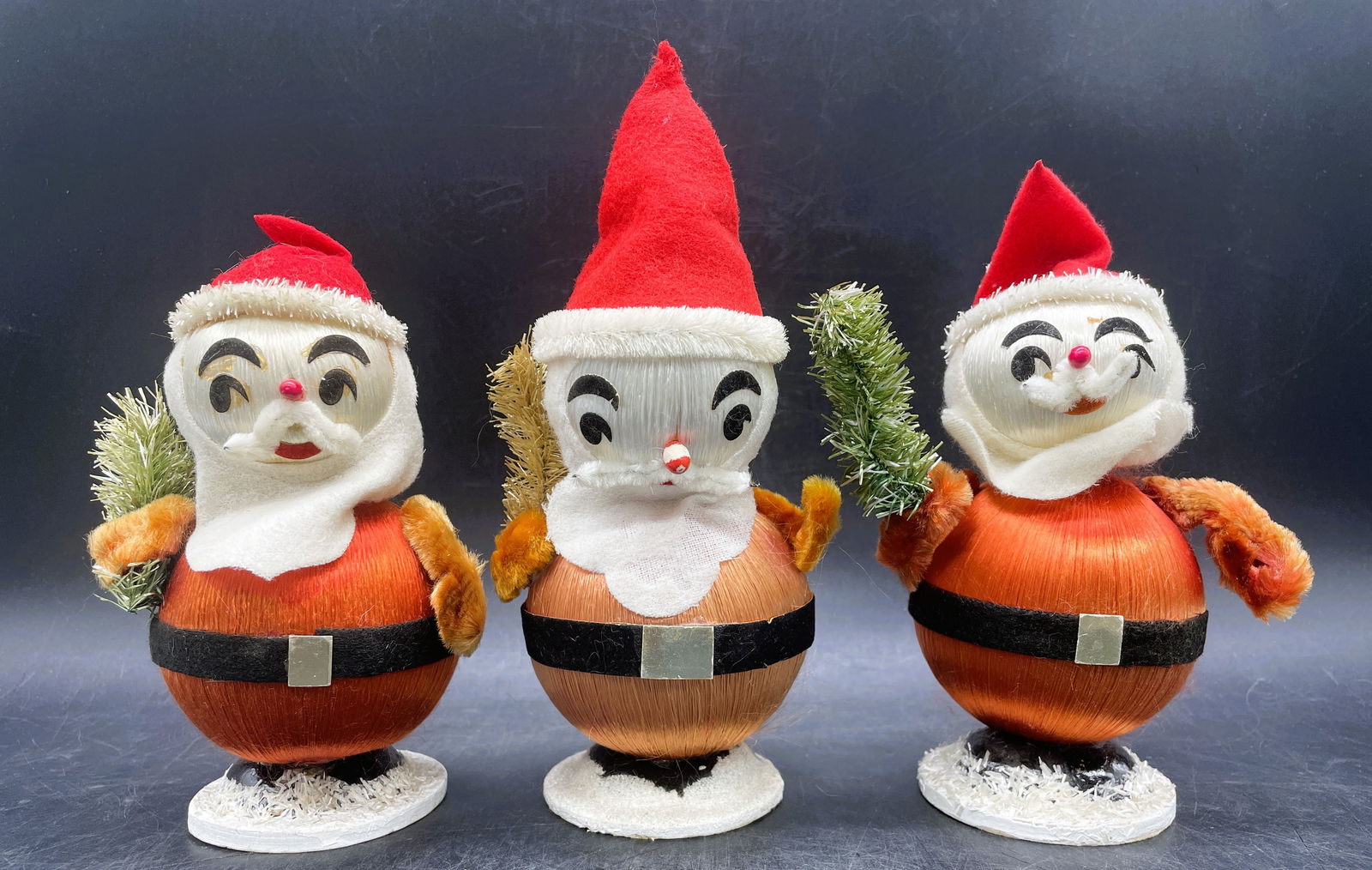 3 Vintage Satin Ball Santa Claus Christmas Figurines 7"