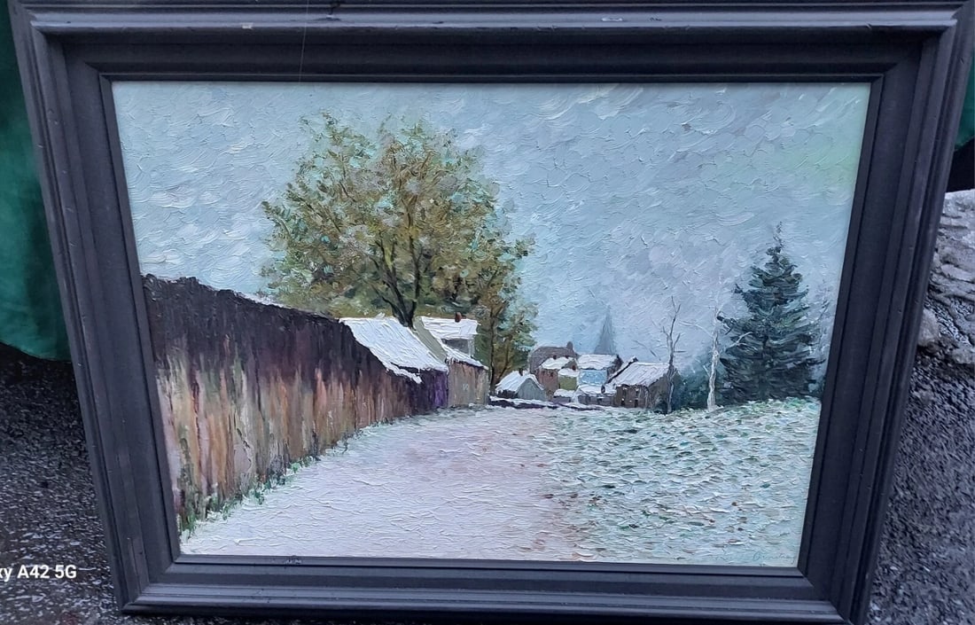 1950 oil painting Vermont "Beyond The Wall" Inscription On Back Snow: Great looking piece in excellent condition. Great colors and lighting. Incredible dedication on back. Purchased in Vermont. Painting on canvas. Measures approximately 24 x18" . Shipping charges includ
