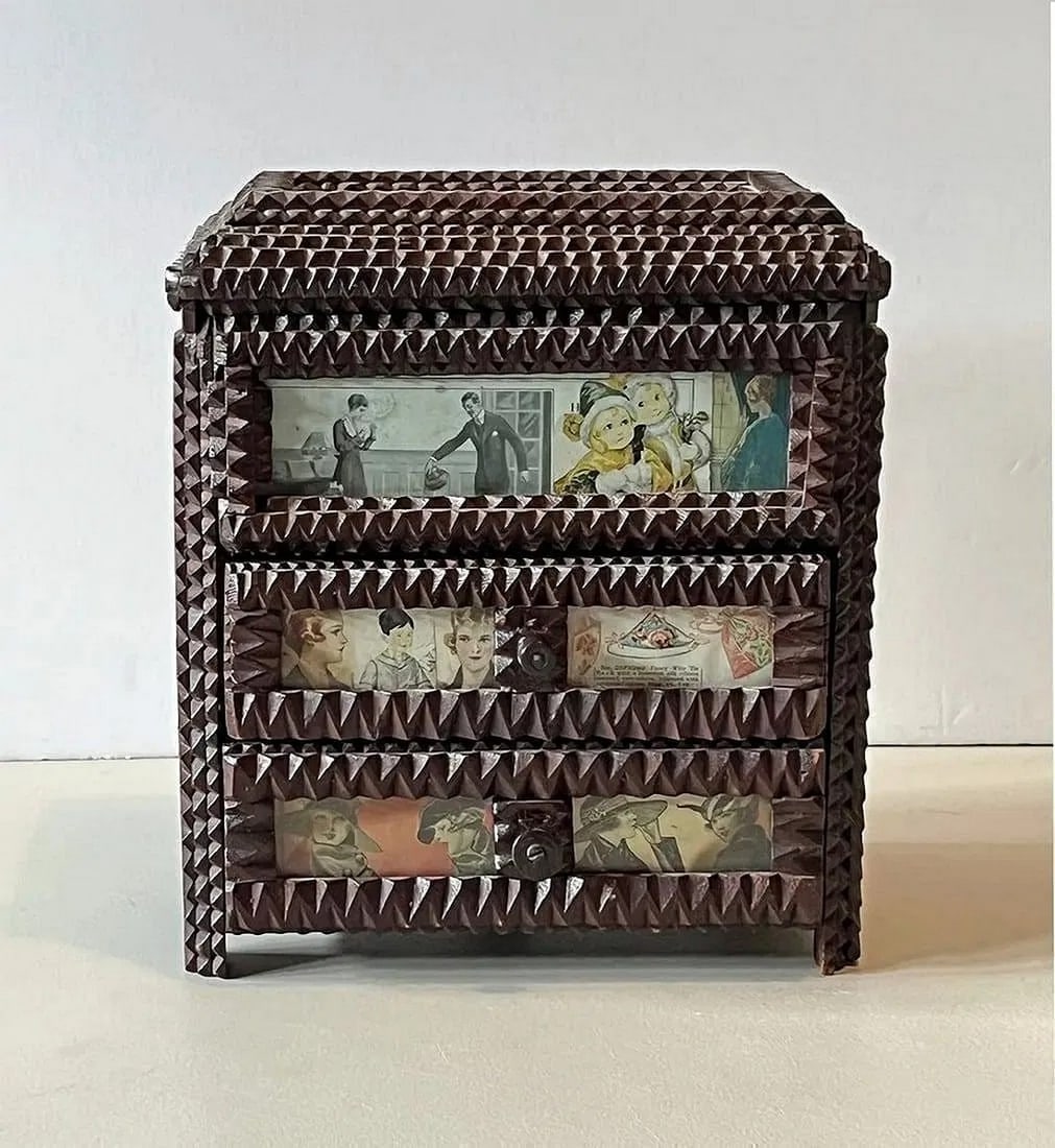 Tramp Art Chest with Decoupage Illustrations