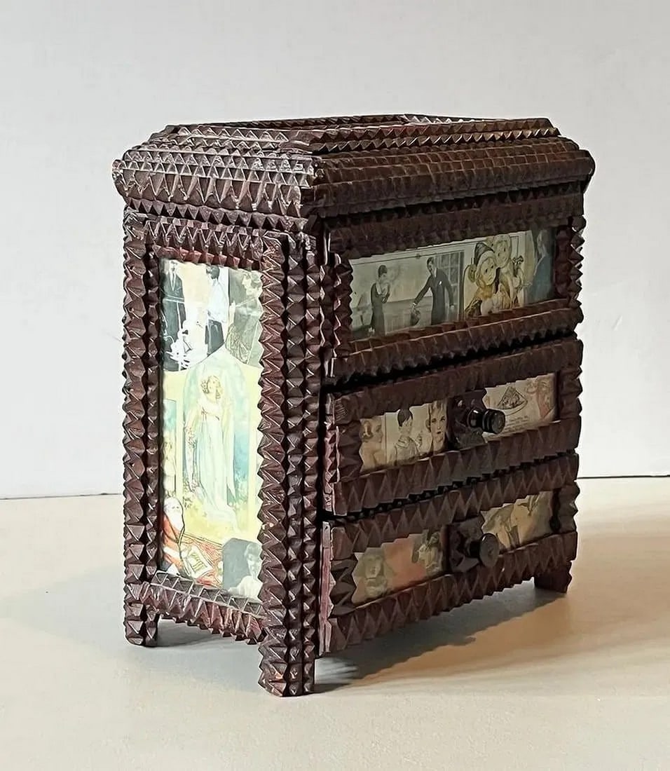 Tramp Art Chest with Decoupage Illustrations - 4