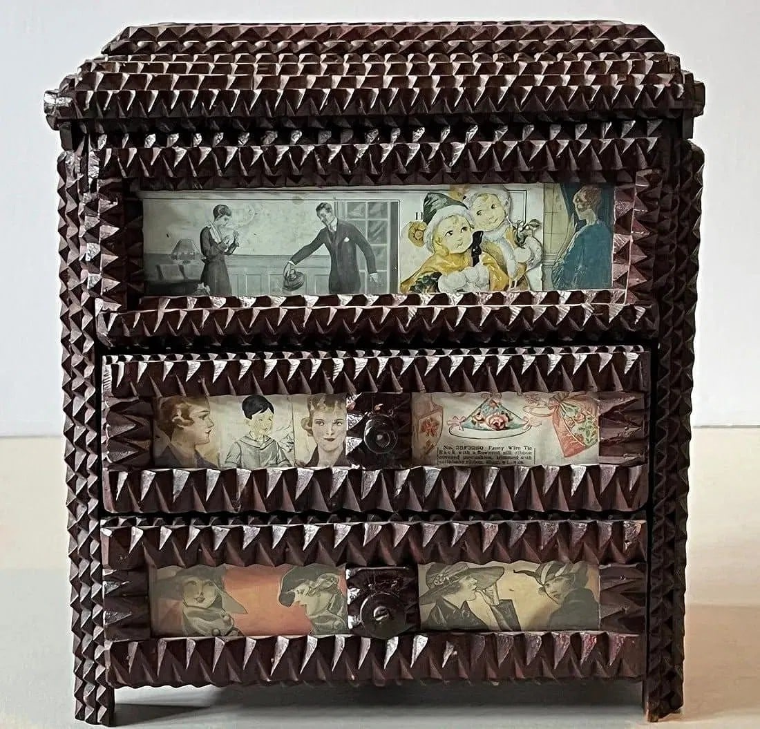 Tramp Art Chest with Decoupage Illustrations - 5