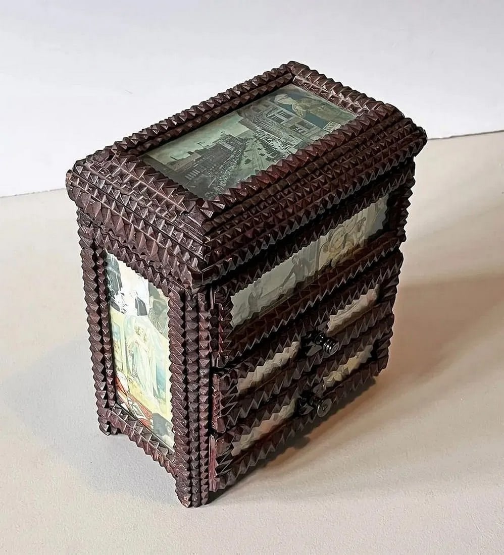 Tramp Art Chest with Decoupage Illustrations - 6