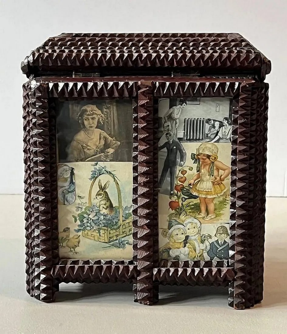 Tramp Art Chest with Decoupage Illustrations - 7
