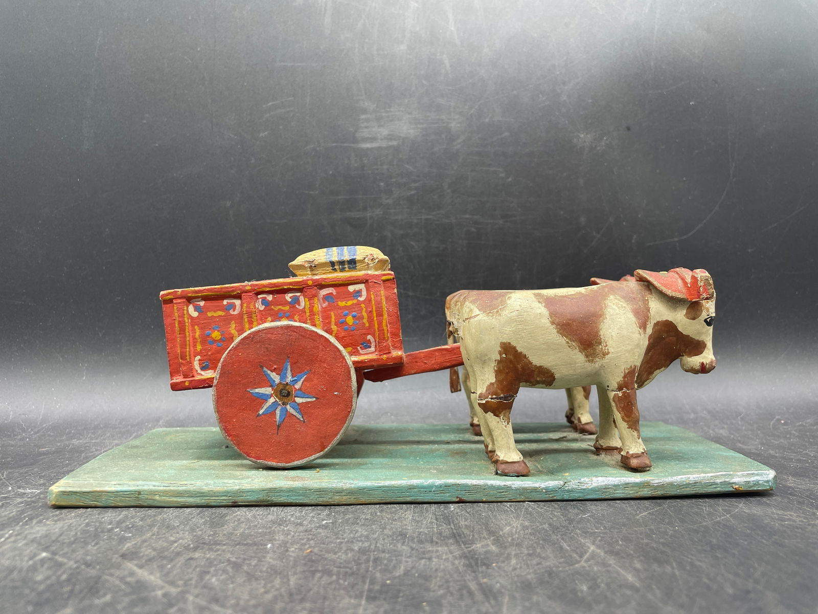Primitive Folk Art Double Oxen Cart Wagon Handmade - 3