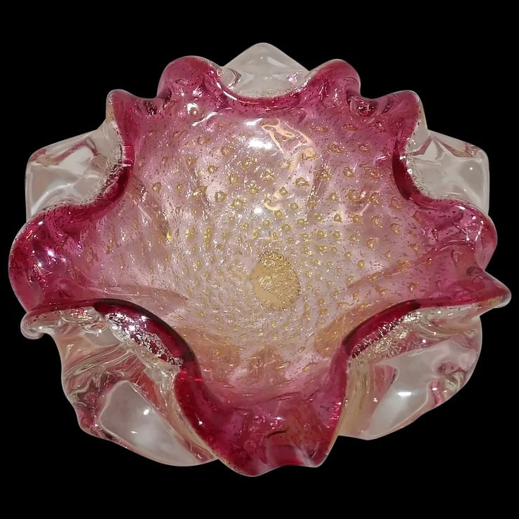 Vintage Murano Avventurina Glass with Cranberry Interior