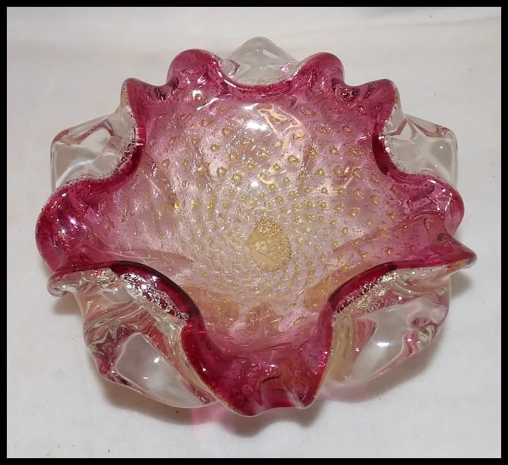 Vintage Murano Avventurina Glass with Cranberry Interior - 2