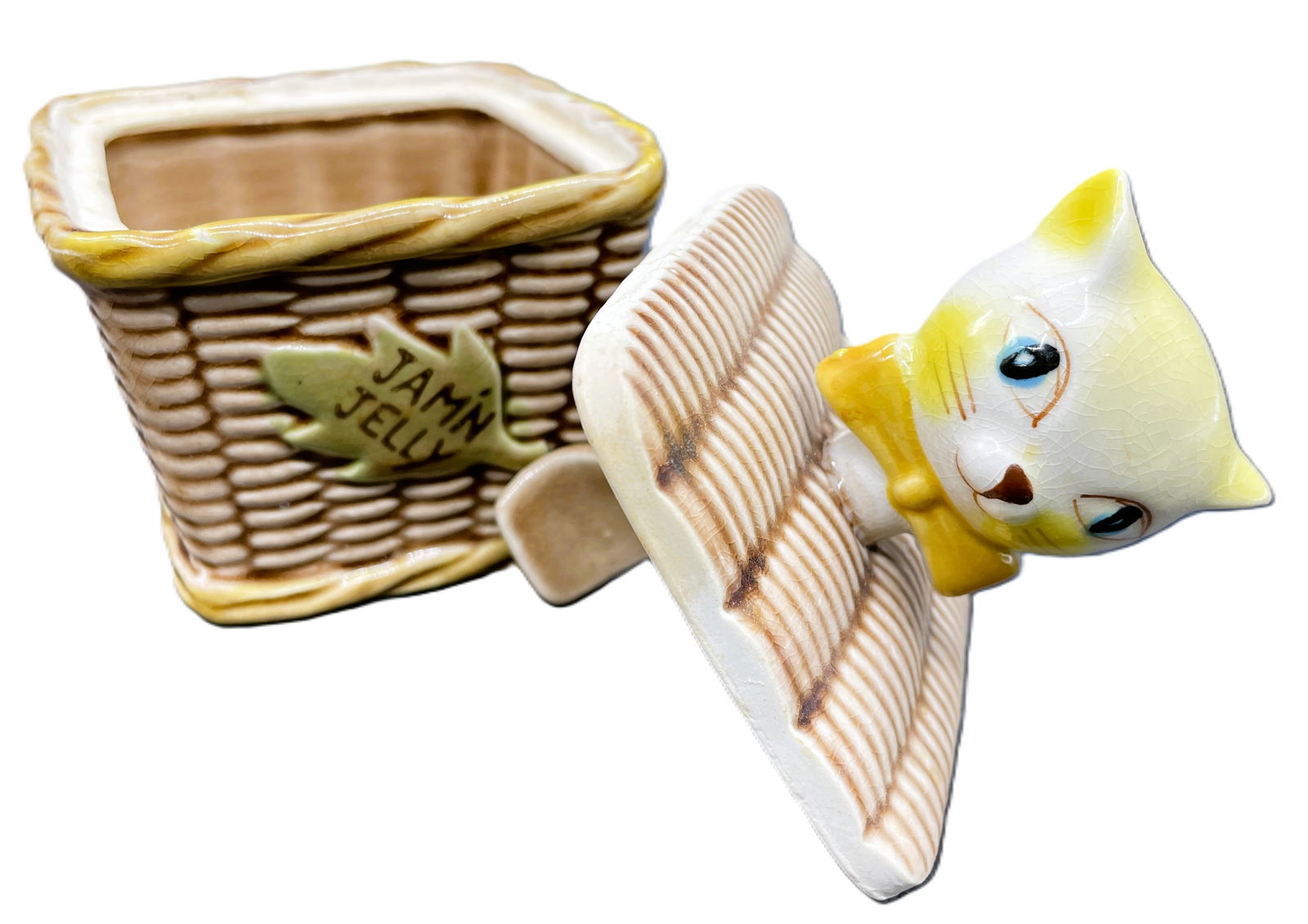 Vintage Tilso Jamin Jelly Jar Ceramic Cat In Wicker Basket - Made in Japan - 2