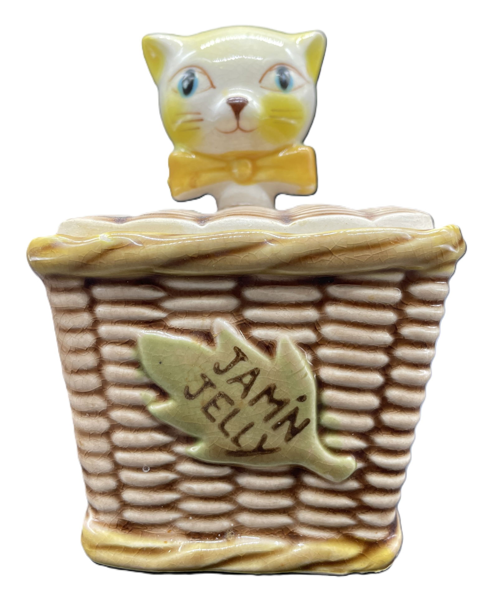 Vintage Tilso Jamin Jelly Jar Ceramic Cat In Wicker Basket - Made in Japan - 3