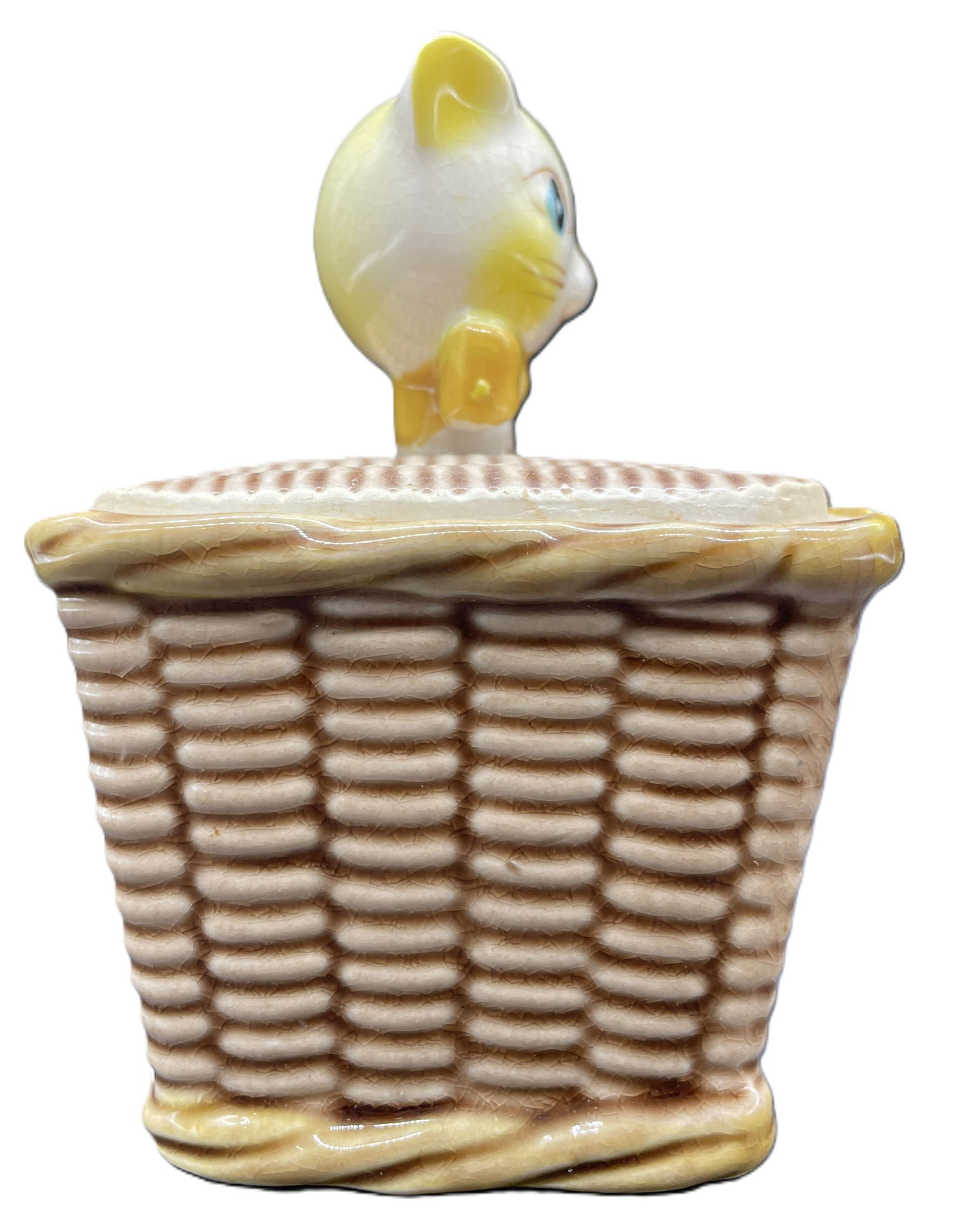 Vintage Tilso Jamin Jelly Jar Ceramic Cat In Wicker Basket - Made in Japan - 6