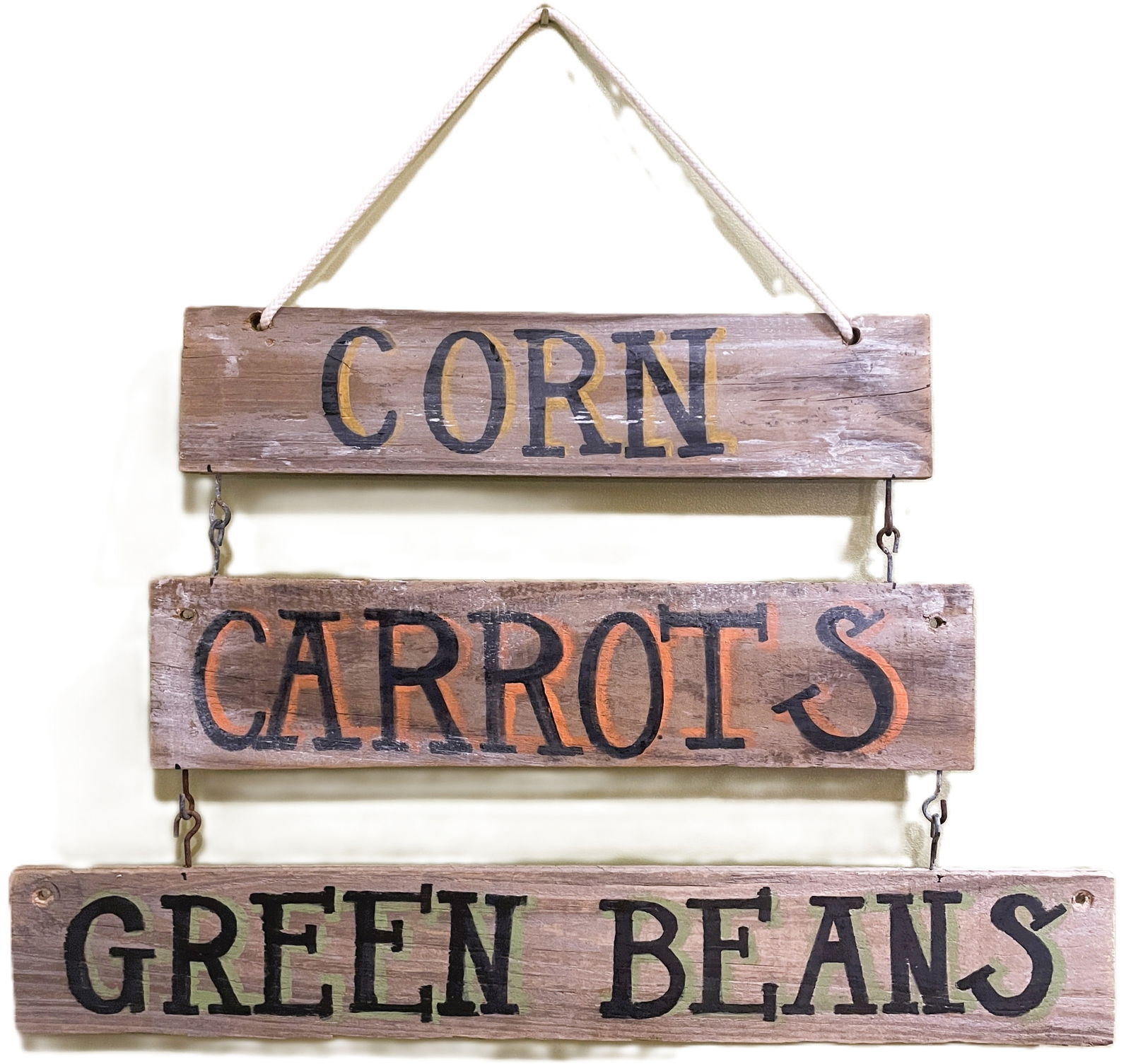Primitive Wooden Farmstand Produce Sign Corn, Carrots, Green Beans: Date/Period: unknown Dimension: approx. 21" tall x 22" at longest Material: wood Additional Information: Primitive Wooden Farmstand Produce Sign Corn, Carrots, Green Beans Shipping: Domestic: Flat-rat
