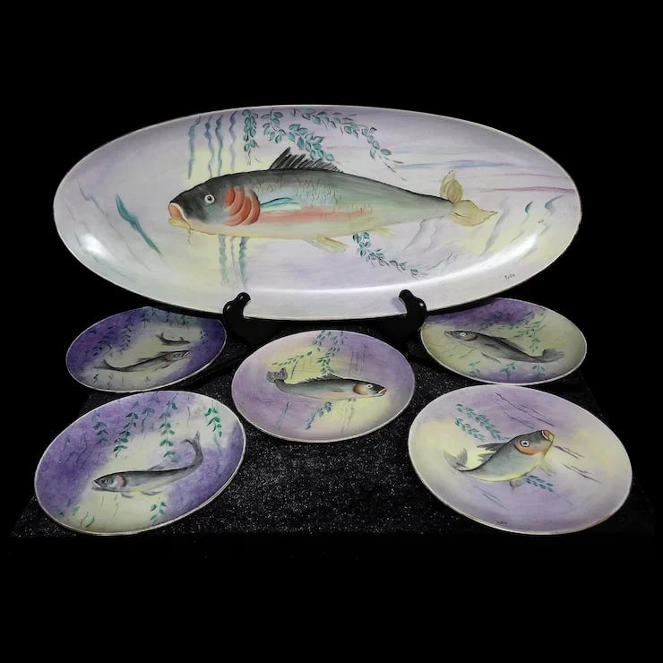 Vintage Hutschenreuther Selb Bavaria Germany Hand Painted Fish Platter & Plates Signed
