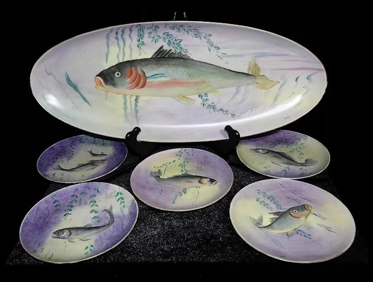 Vintage Hutschenreuther Selb Bavaria Germany Hand Painted Fish Platter & Plates Signed - 2