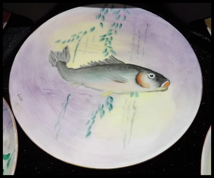 Vintage Hutschenreuther Selb Bavaria Germany Hand Painted Fish Platter & Plates Signed - 4