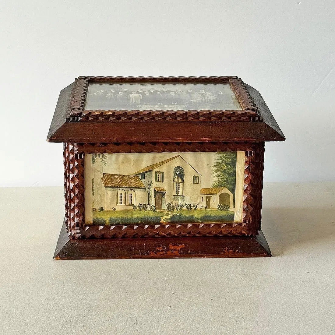 Tramp Art Box with Historical Image & Illustrations: Title: Tramp Art Box with Historical Image & Illustrations Description: A unique tramp art box with a historical photograph of a church choir under glass on its top. There are period illustrations of