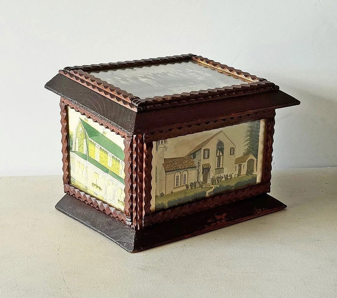 Tramp Art Box with Historical Image & Illustrations - 2