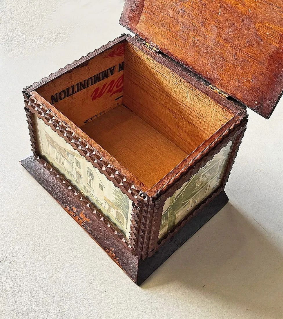 Tramp Art Box with Historical Image & Illustrations - 4