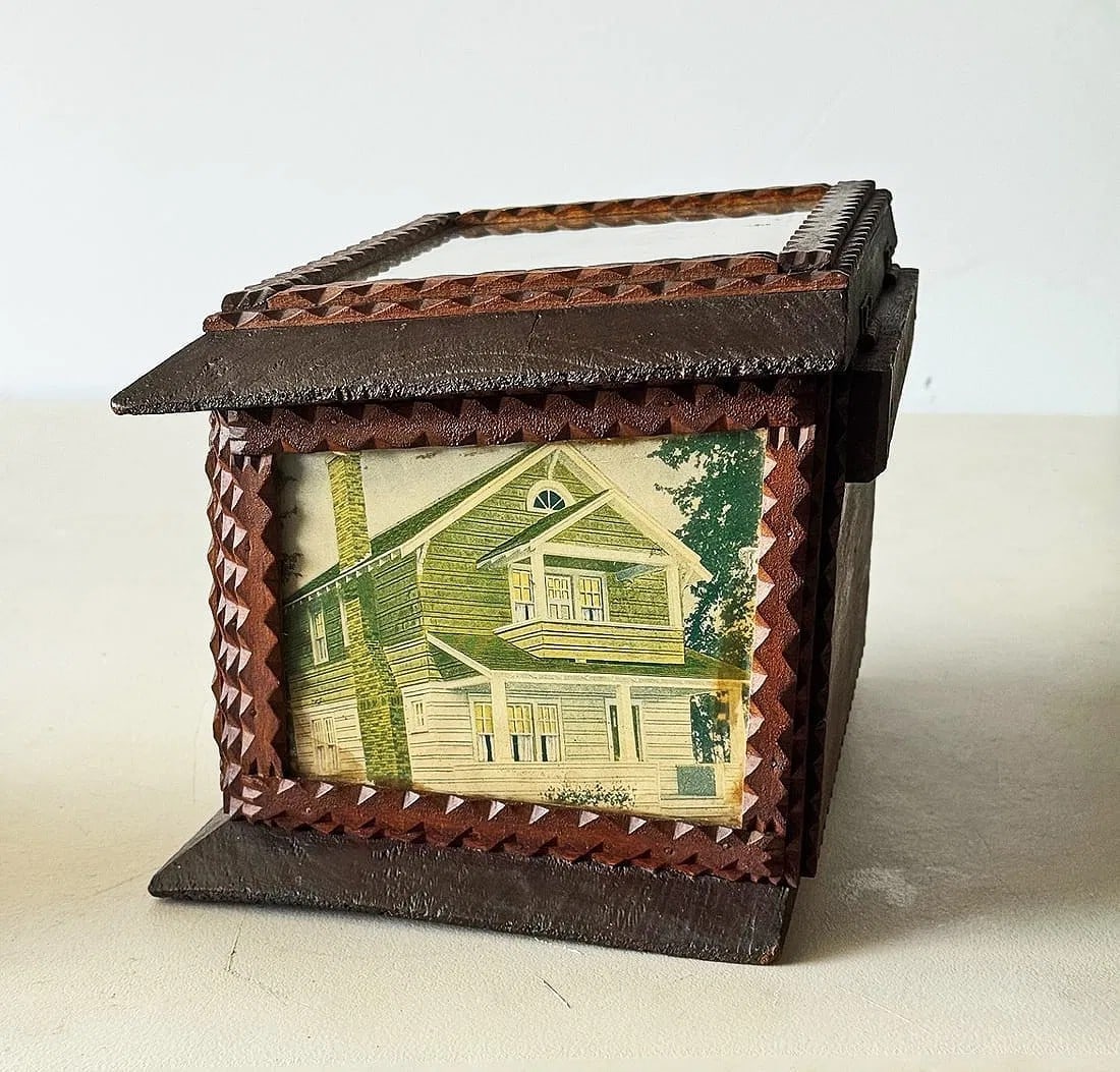 Tramp Art Box with Historical Image & Illustrations - 7