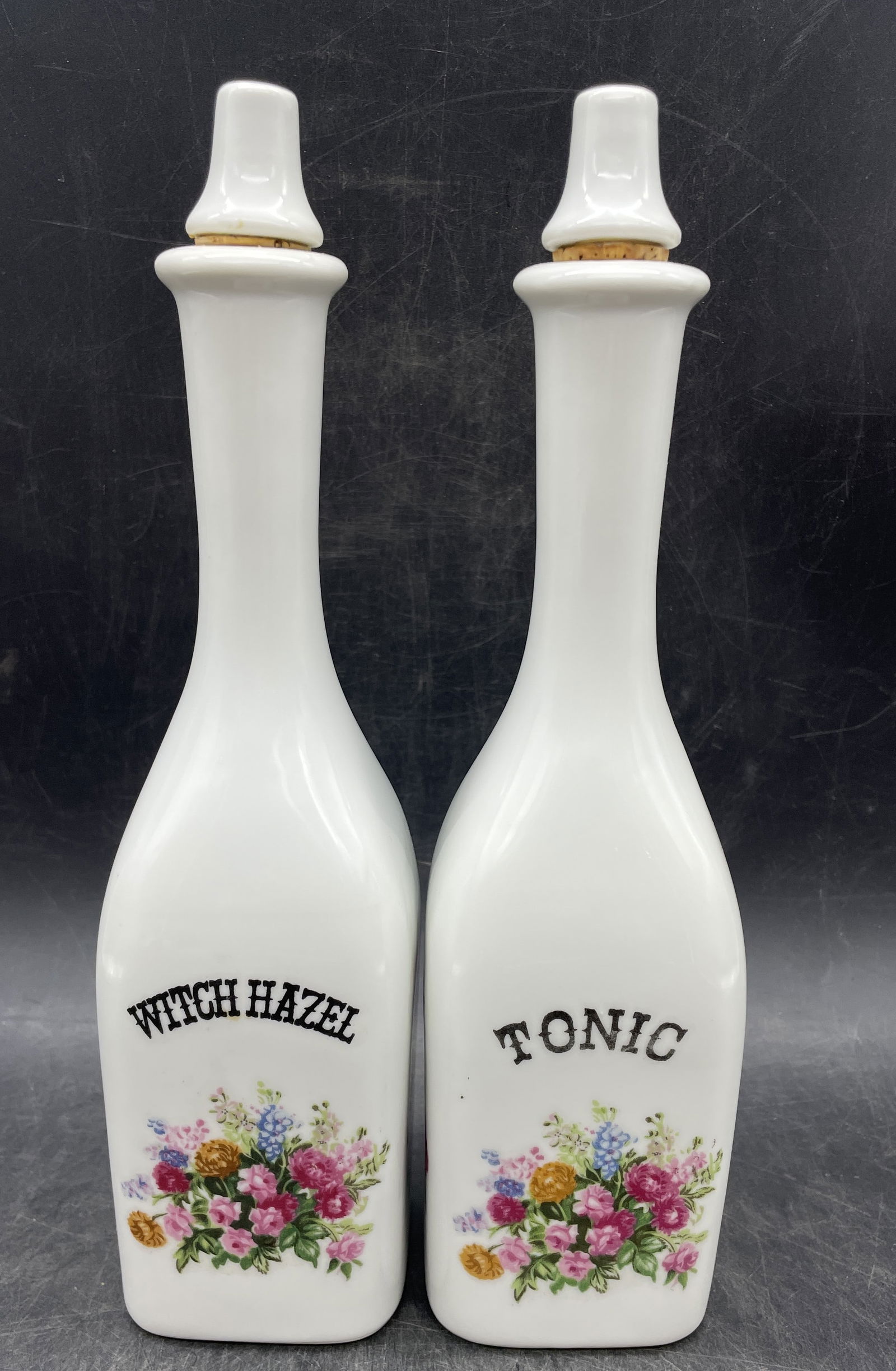 2qty Vintage Apothecary Barber Bottle Floral Milk Glass Prop Tonic Witch Hazel: Date/Period: unknown Dimension: each approx 10" tall x 2.5" x 2.5" Material: glass Additional Information: SET OF TWO ANTIQUE MILK GLASS BARBER BOTTLES. Shipping: Domestic: Flat-rate of $17.00 to anyw