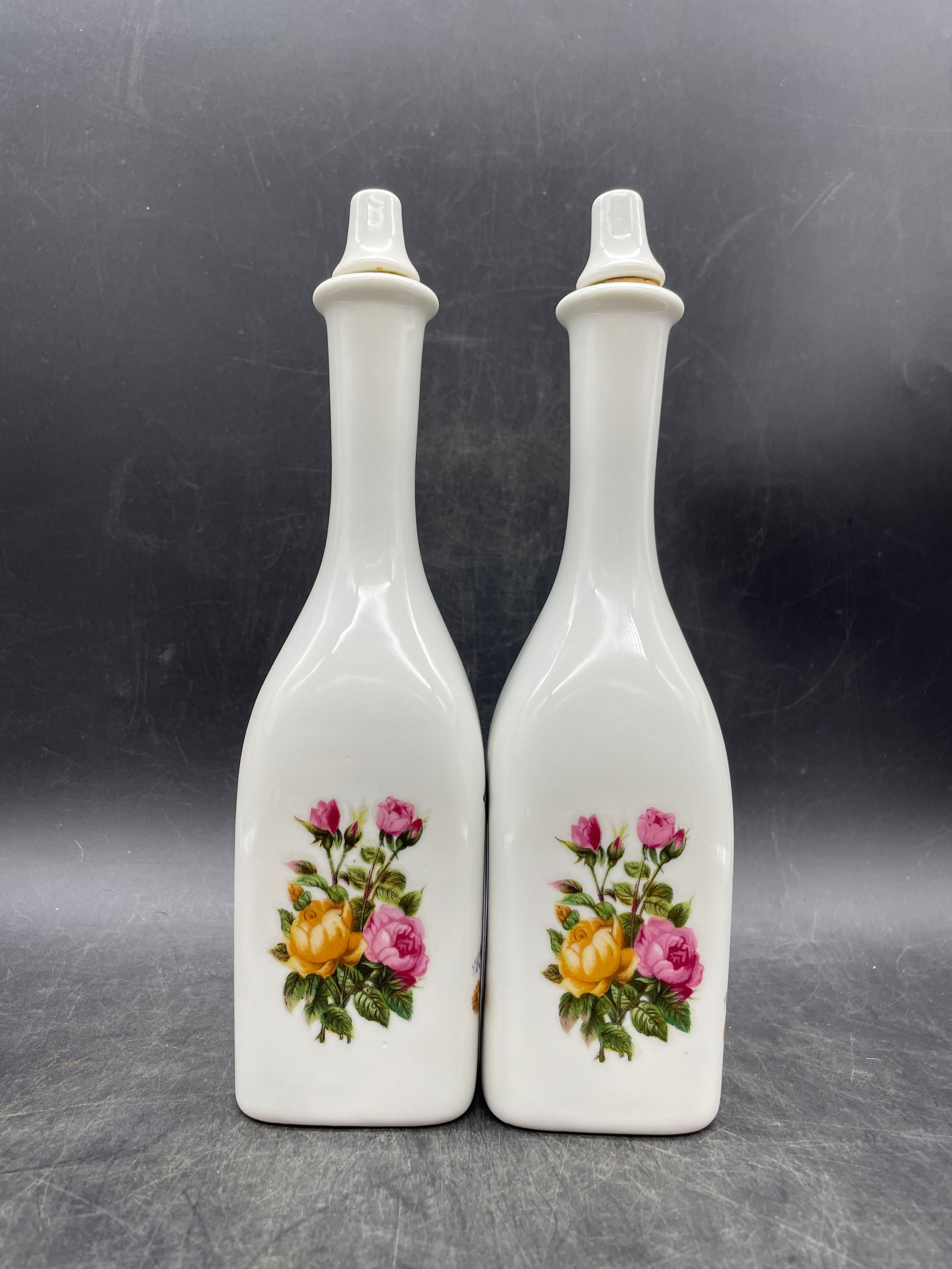 2qty Vintage Apothecary Barber Bottle Floral Milk Glass Prop Tonic Witch Hazel - 3