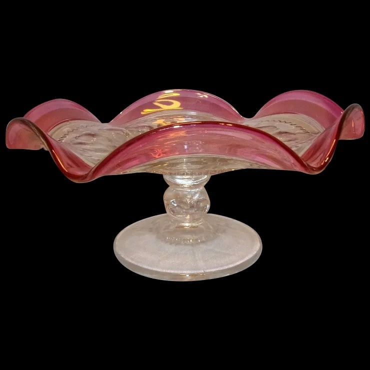 Vintage Tiffin-Franciscan Cranberry Flashed Kings Crown Footed Nut or Candy Plate: This Vintage Tiffin-Franciscan Cranberry Flashed Kings Crown Footed Nut or Candy Plate is in excellent condition. Flashing is perfect, no scratch marks, chips, or stains. I am guessing as to what it i