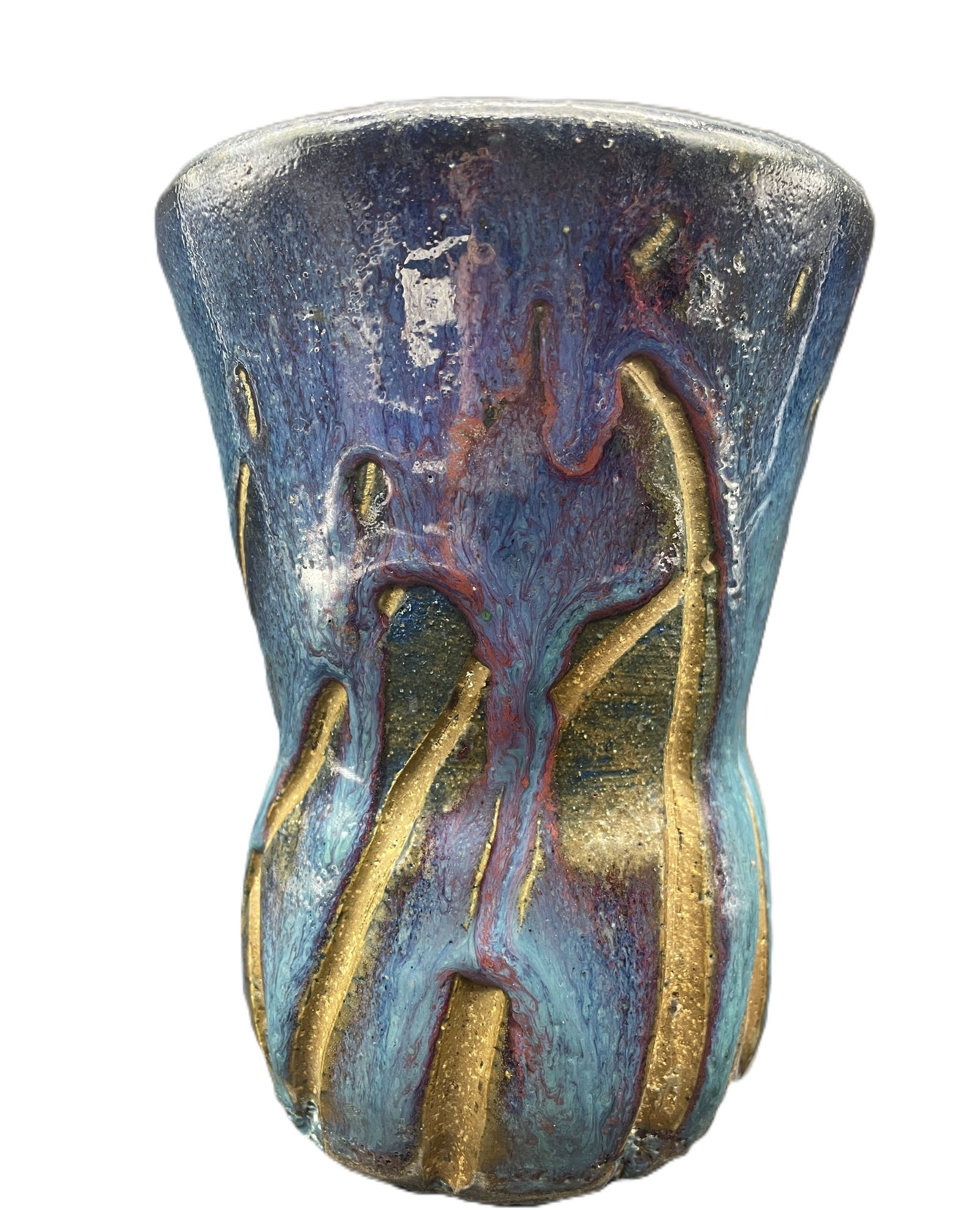 5.5" Abstract Blue Art Pottery Vase Hand Thrown Marked "F"