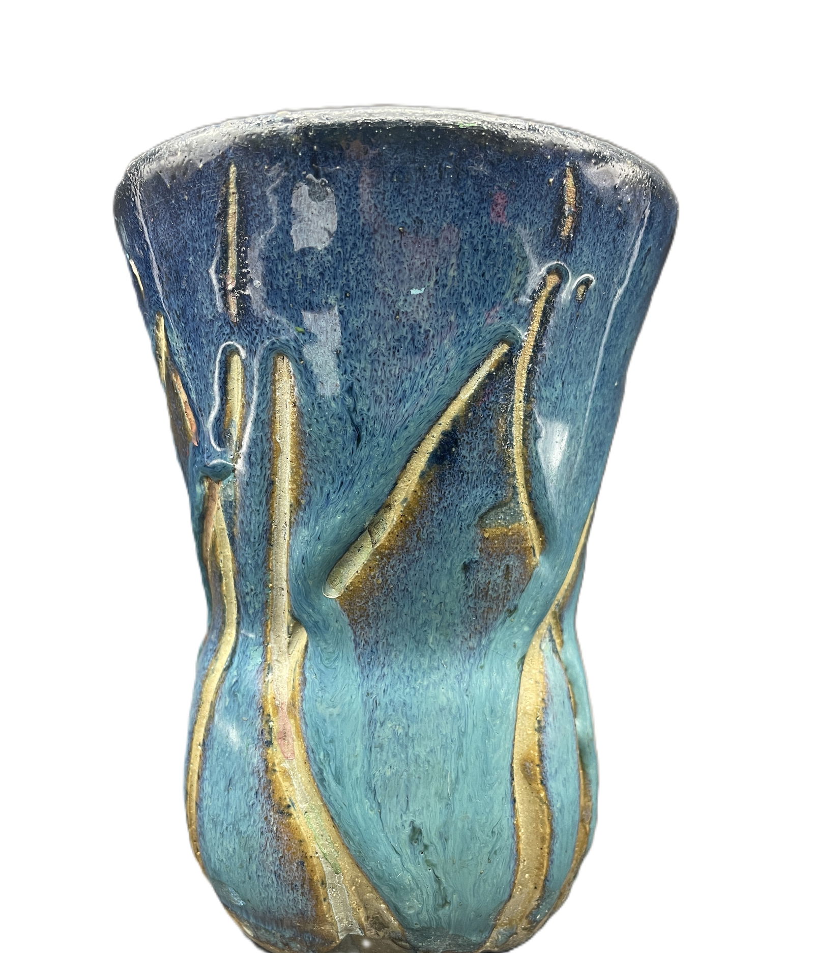 5.5" Abstract Blue Art Pottery Vase Hand Thrown Marked "F" - 4