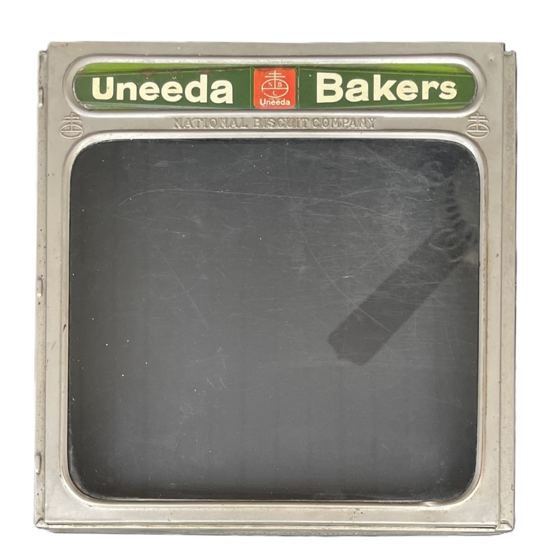 VINTAGE UNEEDA BAKERS NABISCO GLASS DISPLAY CASE LID-NATIONAL BISCUIT COMPANY: Date/Period: approx 1930's Dimension: 10.5 x 10.5 x 1.75" Material: metal, glass Additional Information: VTG National Biscuit Company Uneeda Bakers Advertising Store Display Window Lid Shipping: Domes