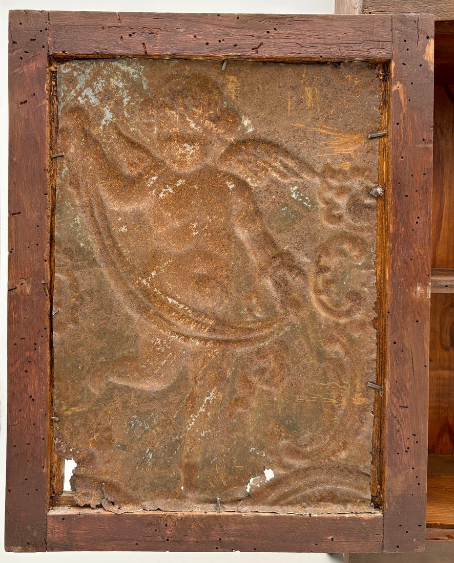 Primitive Pennsylvania Dutch Folk Art Tin Spice Piesafe Cabinet Cherub Angel - 4