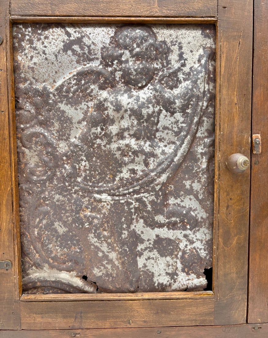 Primitive Pennsylvania Dutch Folk Art Tin Spice Piesafe Cabinet Cherub Angel - 5