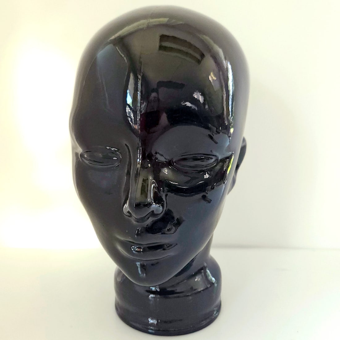Vintage Black Colored Glass Head Mannequin Wig Display Made in Spain: Title: Vintage Black Colored Glass Head Mannequin Wig Display Made in Spain Description: Vintage Black Colored Glass Head Mannequin Wig Display Made in Spain Great piece in perfect condition. Possibly