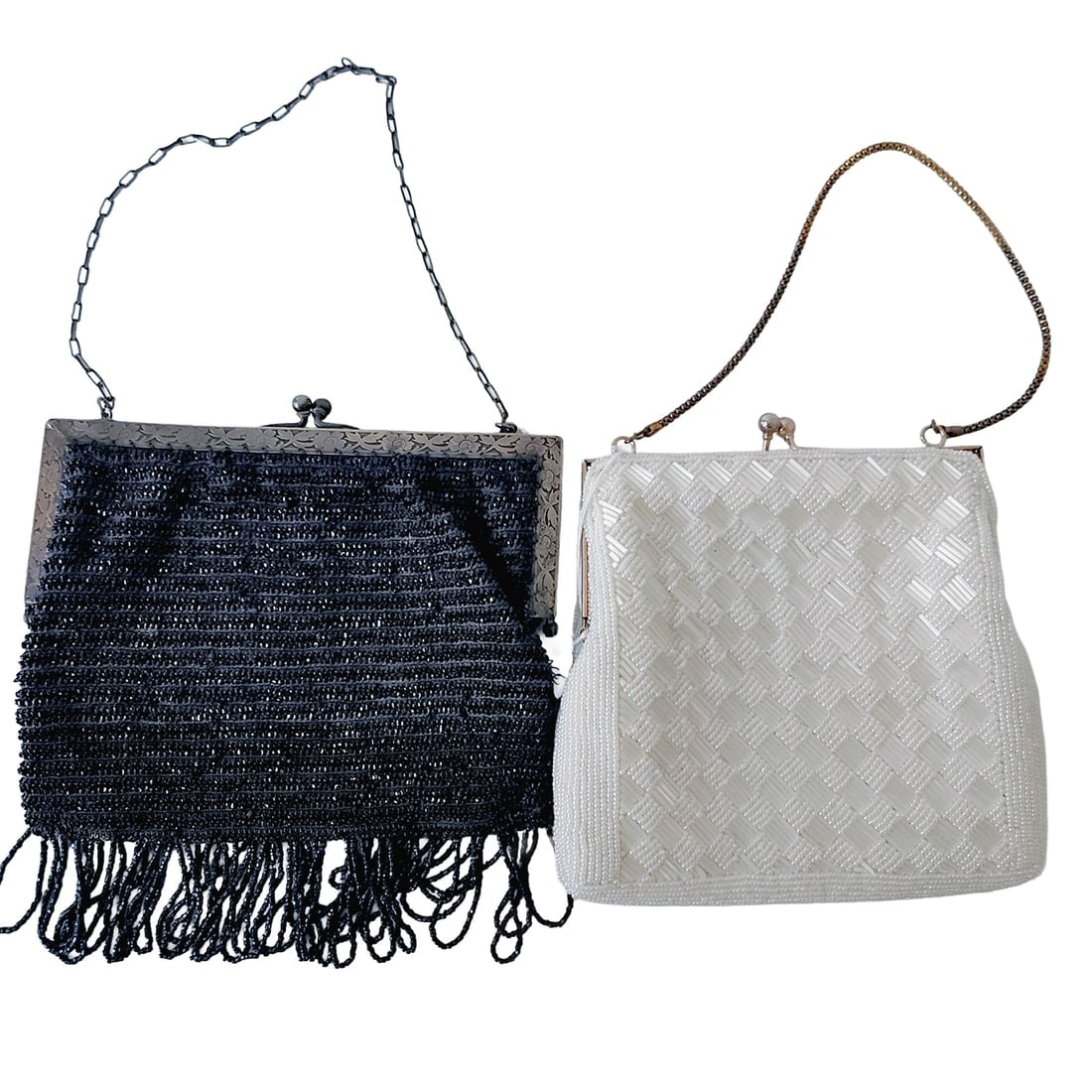 Black and White Beaded Vintage Purses: Title: Black and White Beaded Vintage Purses Description: Edwardian Era Iridescent Black Beaded Purse Very nice embossed (engraved) floral detail all around the antiqued silver tone frame. The Acorn k