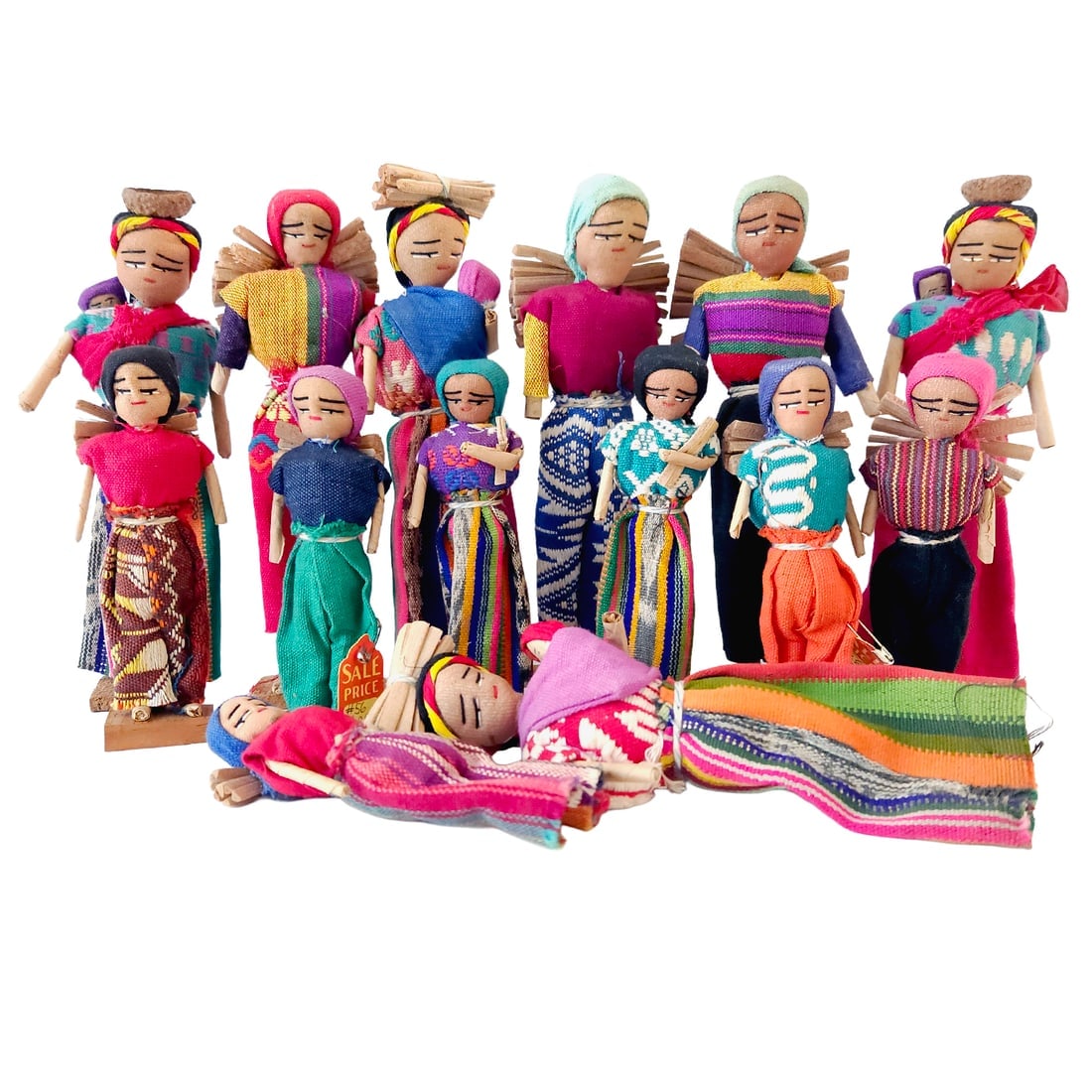 Large Collection of Handmade Guatemalan Traditional Folk Art Fabric Dolls: Title: Large Collection of Handmade Guatemalan Traditional Folk Art Fabric Dolls Description: Very colorful and well made "worry dolls" from Guatemala with back packs, baskets, shell hats and stick bu