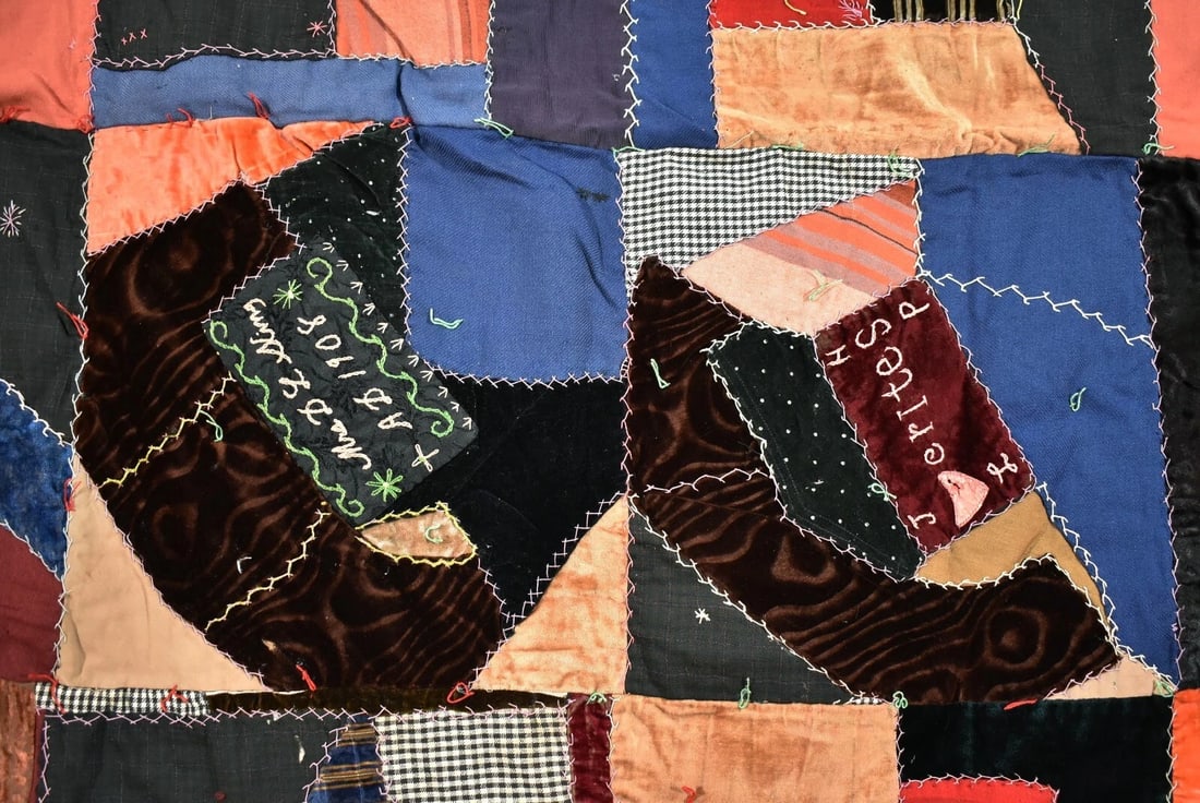 Authentic Amish Crazy Quilt, Dated "1908" - 10
