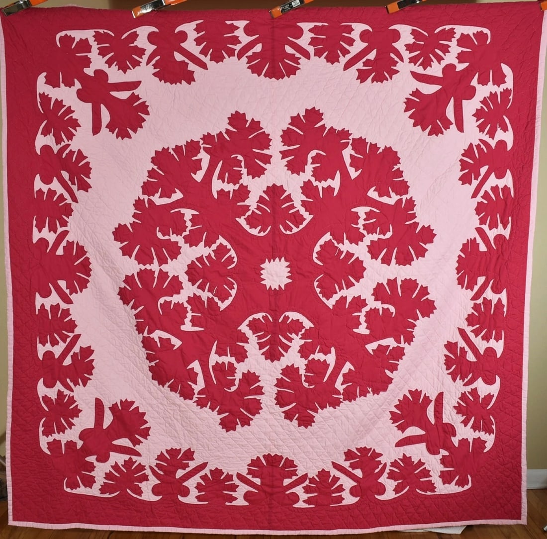 Large 50's Hawaiian Applique Quilt: This BEAUTIFUL cotton and cotton blend 40's/50's Hawaiian cutout quilt is all hand appliqued and hand quilted, with a wonderful border. It measures 88" X 88" and is in excellent condition, with a coup