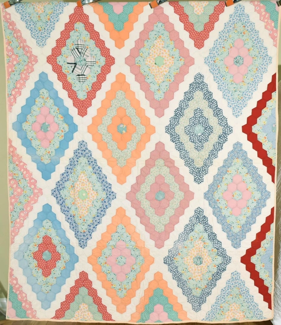 30's Field of Diamonds Quilt: This BEAUTIFUL cotton 20's/30's field of diamonds / mosaic quilt is hand pieced and hand quilted. It measures 64" X 76" and is in excellent condition, with a couple of small, faint spots and no wear.