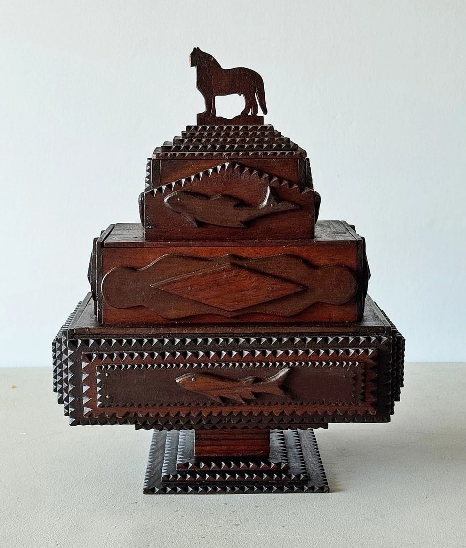 Museum Quality Tramp Art Pedestal Box w Carved Horse Dolphins Folk Art 1920s (1 of 7)