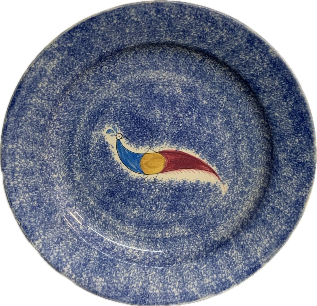 Blue Spatterware Plate Three Color Peafowl - 2