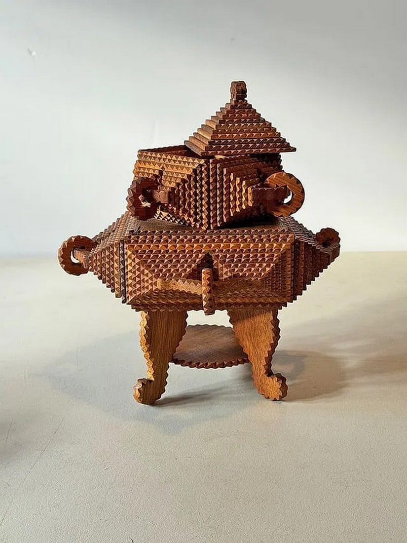 Ornate Tramp Art Pedestal Box w Whimsy Rings - 3