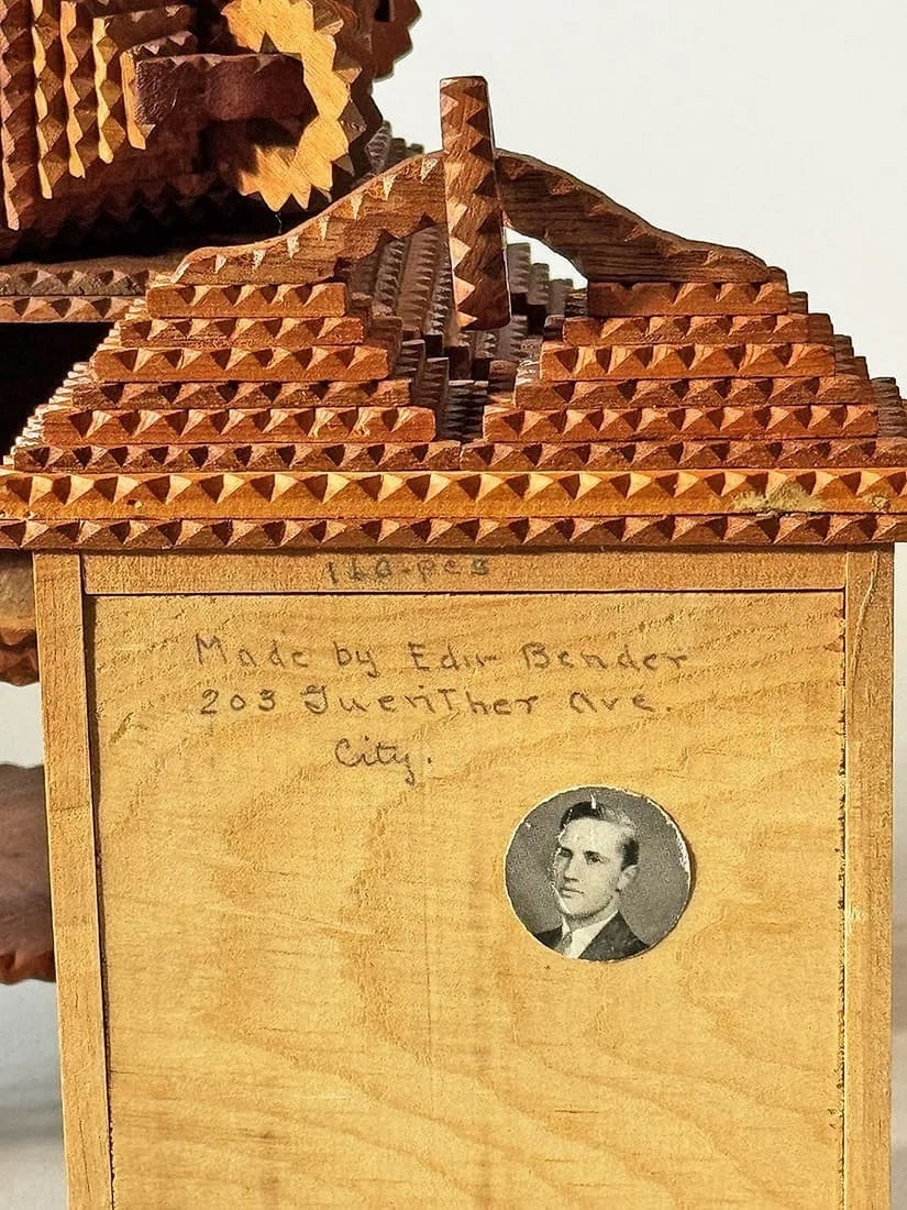 Ornate Tramp Art Pedestal Box w Whimsy Rings - 6