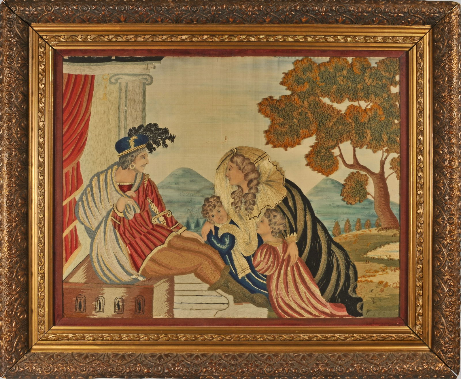 American c.1830 sampler silk embroidery needlework Lady Elizabeth Gray: This beautiful silk embroidery depicts the destitute Elizabeth Gray, widow of Lord John Gray, with her sons, Thomas and Richard, pleading with victorious King Edward IV for the restoration of her chil