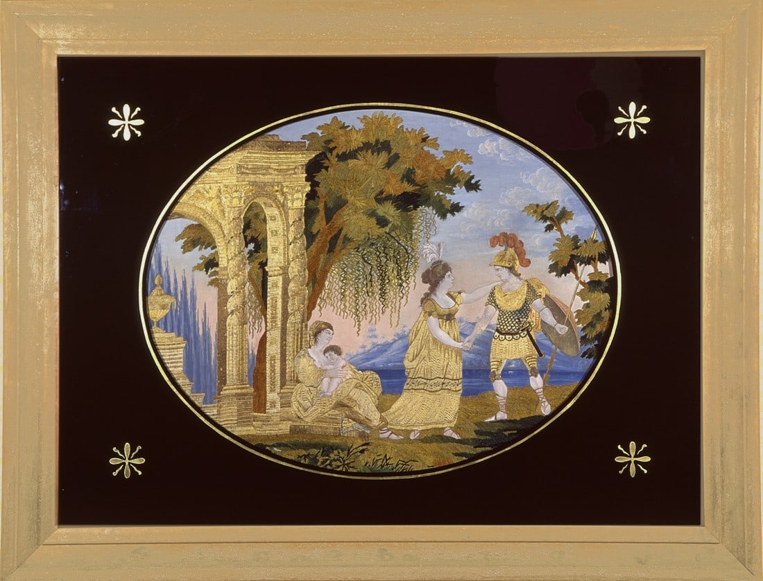 American needlework silk embroidery sampler Hector and Andromache c. 1810, Probably Philadelphia: Hector and Andromache is the subject of this large and beautiful silk embroidery depicting the moment on the battlements of Troy, when the Trojans’ great hero Hector has left the fighting moment