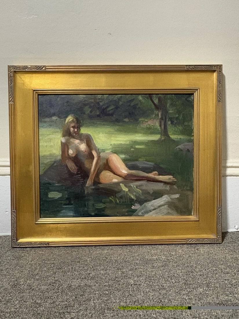 Marguerite Stuber Pearson Oil On Board Nude Painting: The frame measures 26 1/2” x 22 1/2” and the board measures 20” x 16”. It is not signed but is from the estate of marguerite stuber pearson(1898-1978). It is in good condition
