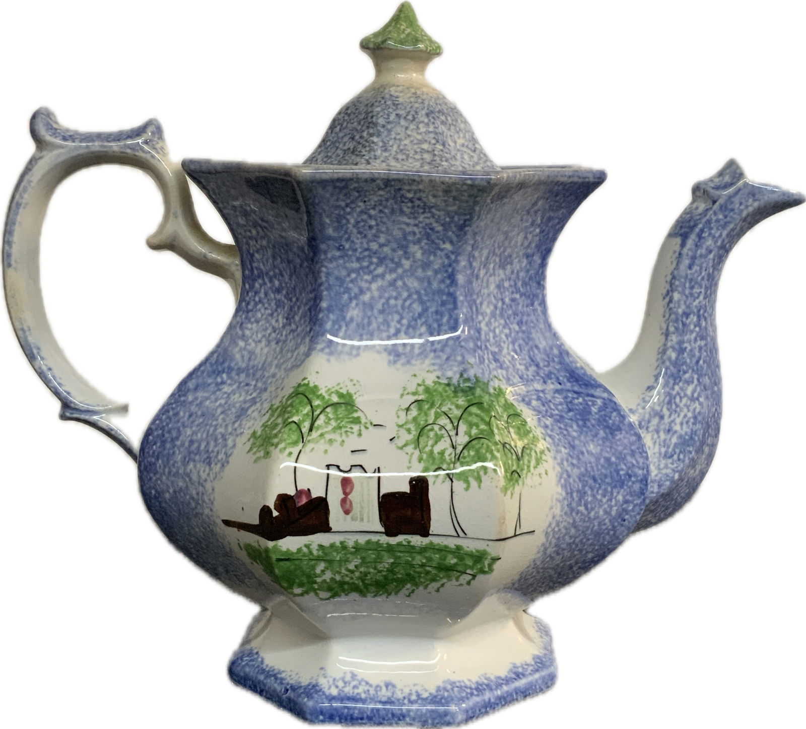 Fort Pattern Spatterware Coffee Pot: 19th C. Fort Pattern Spatterware Coffee Pot in Virtually Perfect Condition. Approx. 9-1/2” Tall and 8-1/2” From Handle to Spout. Vibrant Color. Shipping: Domestic: Flat-rate of $38.00 to a