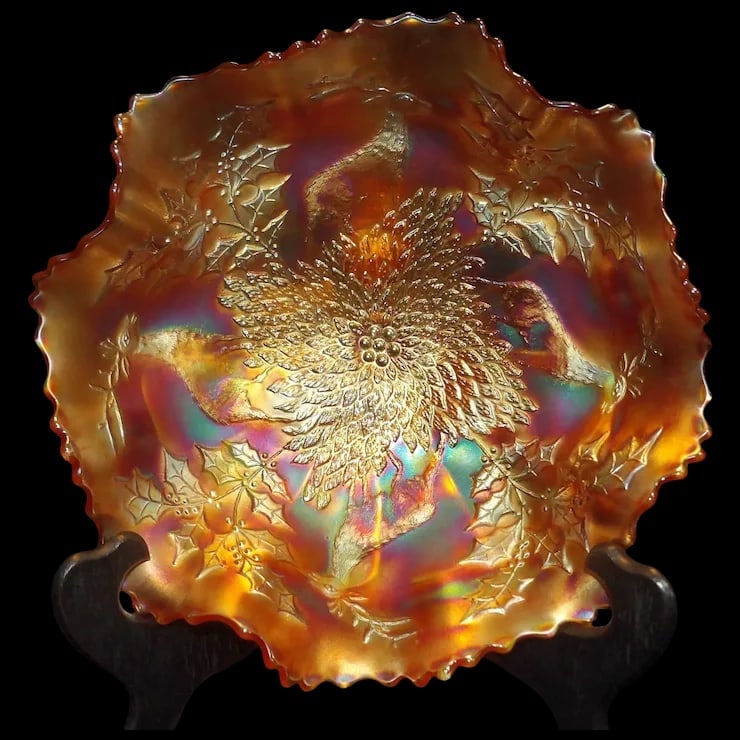 Antique Fenton Carnival Glass Stag and Holly Large Crimped Bowl