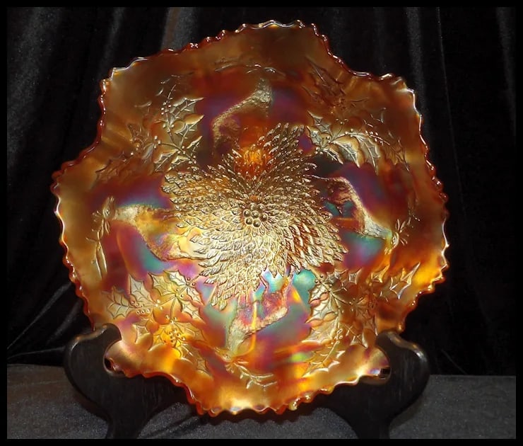 Antique Fenton Carnival Glass Stag and Holly Large Crimped Bowl - 2