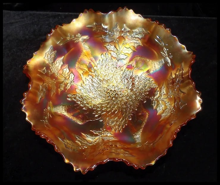 Antique Fenton Carnival Glass Stag and Holly Large Crimped Bowl - 3